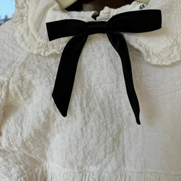 H&M kids dress textured peter pan collar toddler girl ruffle bows ivory formal - Picture 3 of 7